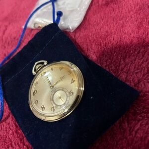 Gold Pocket Watch with Blue Velvet Pouch. Gruen pocket watch 10k